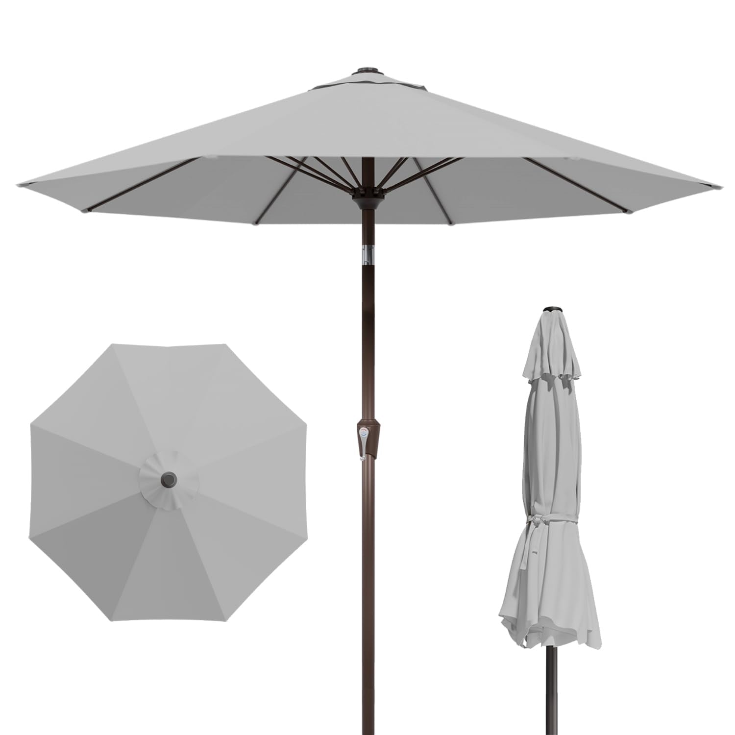 9FT Patio Umbrella Outdoor Table Umbrella w/Push Button Tilt and Crank, 8 Sturdy Ribs, UV Resistant Waterproof Market Umbrella for Pool, Deck, Backyard, Garden, Light Gray