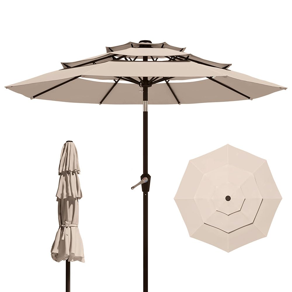 10FT Patio Umbrella 3 Tiers Outdoor Market Umbrella w/Push Button Tilt, Crank, UV and Waterproof Table Umbrella for Garden, Pool, Backyard, Deck, Lawn, Turquoise Blue