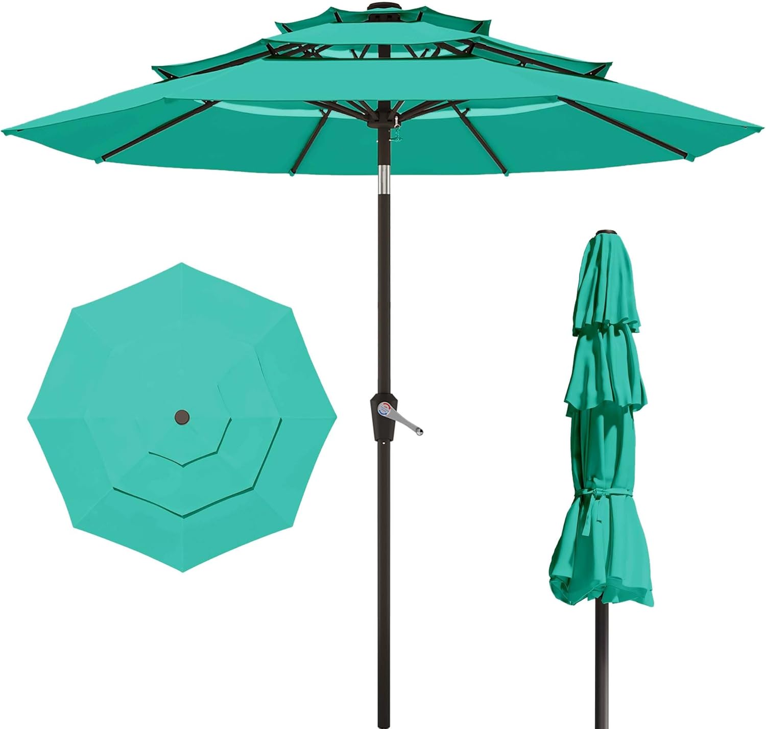 10FT Patio Umbrella 3 Tiers Outdoor Market Umbrella w/Push Button Tilt, Crank, UV and Waterproof Table Umbrella for Garden, Pool, Backyard, Deck, Lawn, Turquoise Blue
