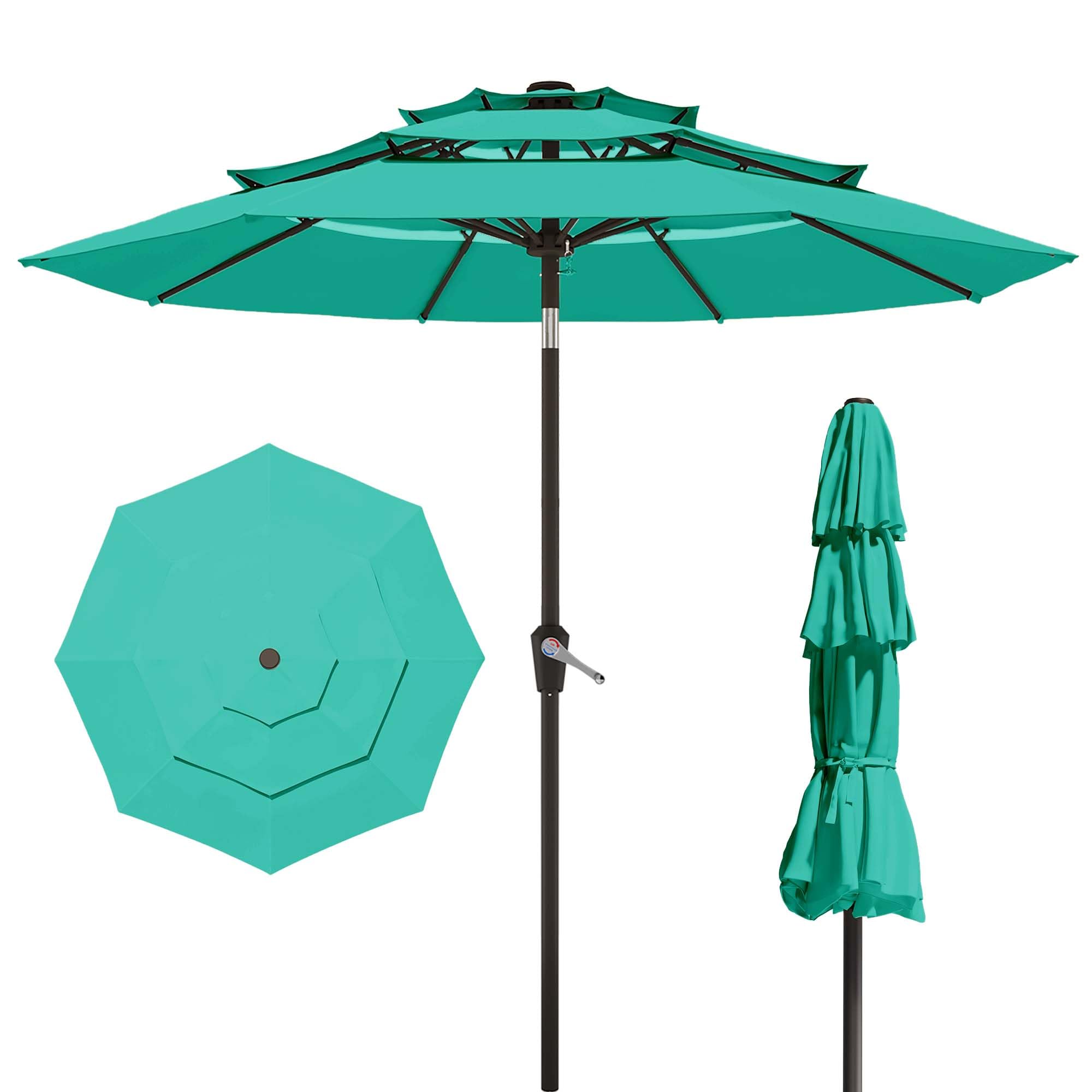 10FT Patio Umbrella 3 Tiers Outdoor Market Umbrella w/Push Button Tilt, Crank, UV and Waterproof Table Umbrella for Garden, Pool, Backyard, Deck, Lawn, Turquoise Blue