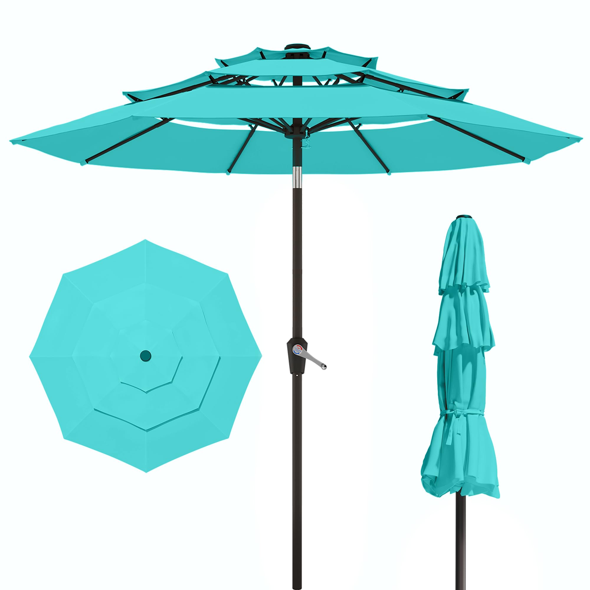 10FT Patio Umbrella 3 Tiers Outdoor Market Umbrella w/Push Button Tilt, Crank, UV and Waterproof Table Umbrella for Garden, Pool, Backyard, Deck, Lawn, Turquoise Blue