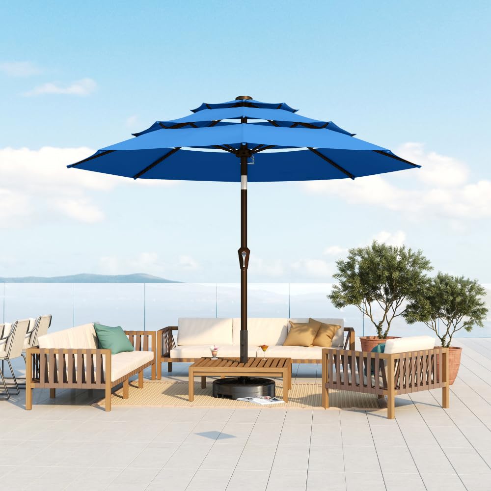10FT Patio Umbrella 3 Tiers Outdoor Market Umbrella w/Push Button Tilt, Crank, UV and Waterproof Table Umbrella for Garden, Pool, Backyard, Deck, Lawn, Turquoise Blue