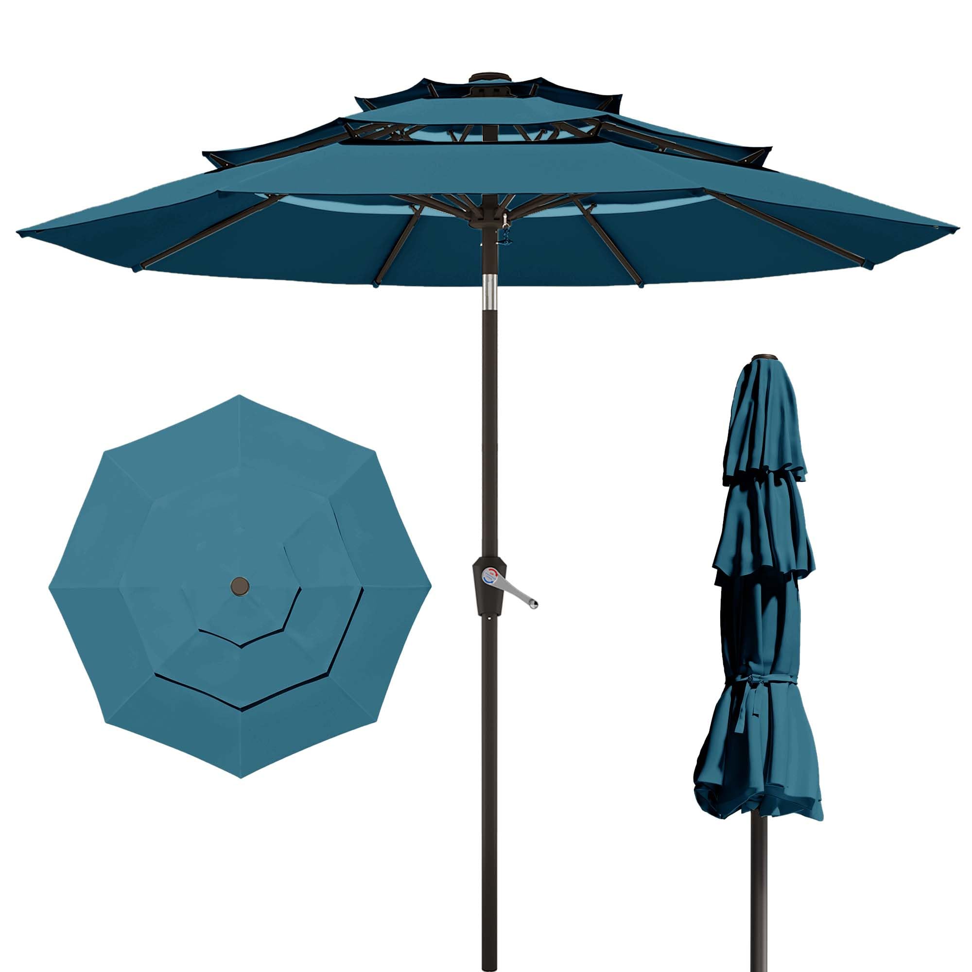 10FT Patio Umbrella 3 Tiers Outdoor Market Umbrella w/Push Button Tilt, Crank, UV and Waterproof Table Umbrella for Garden, Pool, Backyard, Deck, Lawn, Turquoise Blue