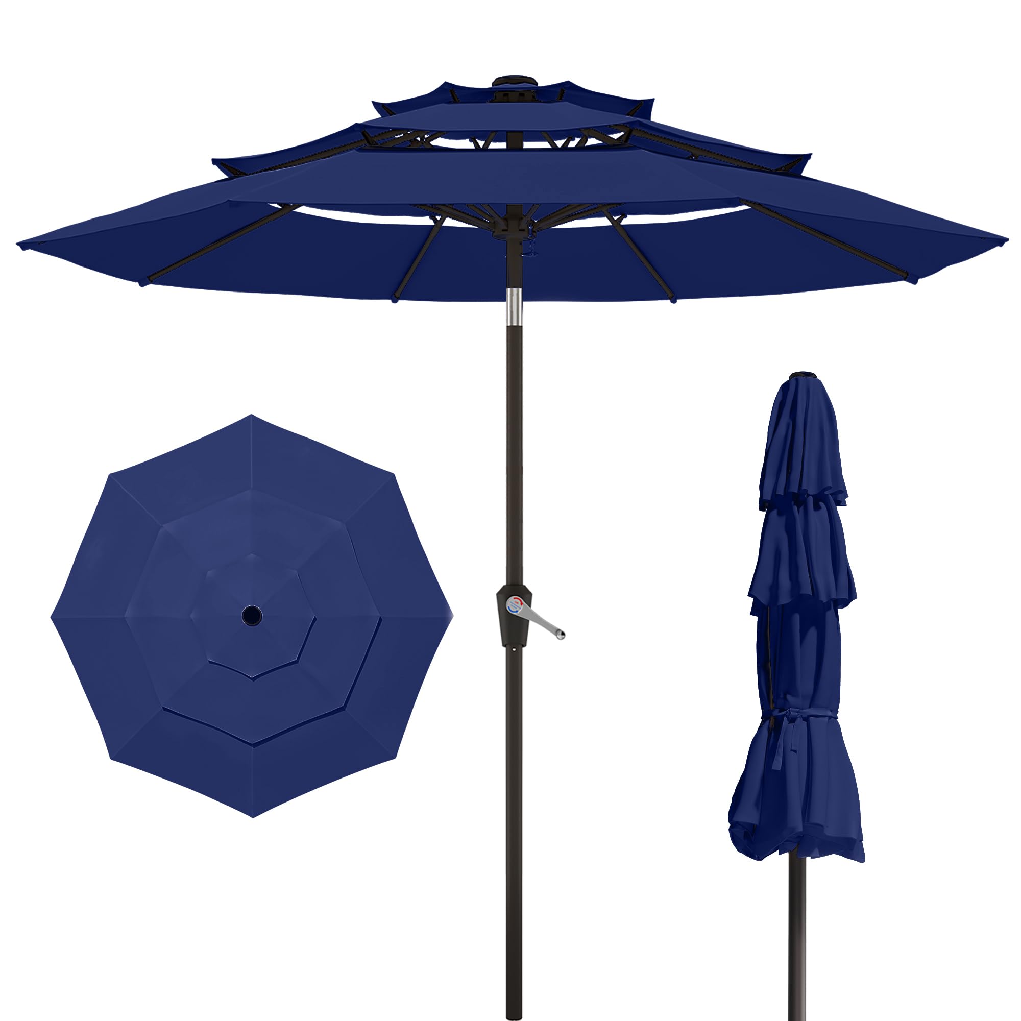 10FT Patio Umbrella 3 Tiers Outdoor Market Umbrella w/Push Button Tilt, Crank, UV and Waterproof Table Umbrella for Garden, Pool, Backyard, Deck, Lawn, Turquoise Blue