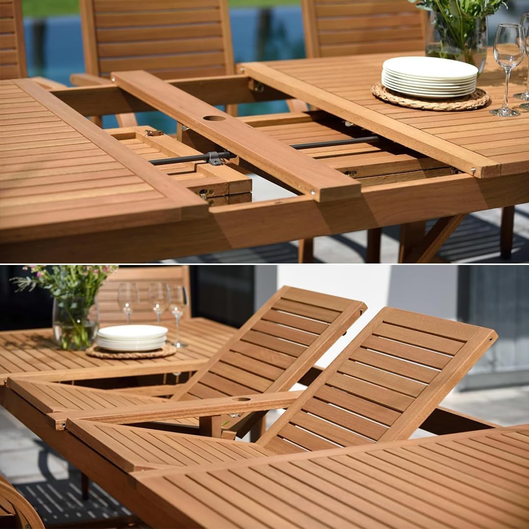 Amazonia Franklin 9-Piece Rectangular Extendable Patio Dining Set Teak Finish and Weather-Net Technology Ideal for Outdoors and Indoors