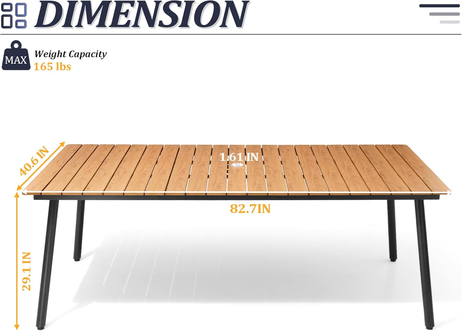 83" Patio Outdoor Dining Table for 6-8, Weather-Resistant Wood-Grain Top with Aluminum Frame & Umbrella Hole for Deck Gatherings, Brown