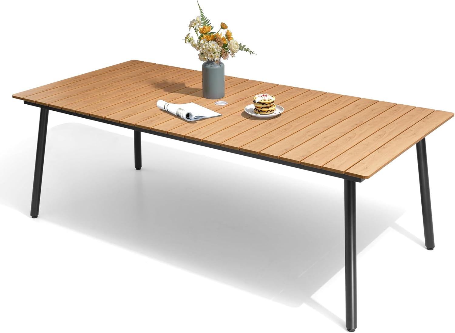 83" Patio Outdoor Dining Table for 6-8, Weather-Resistant Wood-Grain Top with Aluminum Frame & Umbrella Hole for Deck Gatherings, Brown