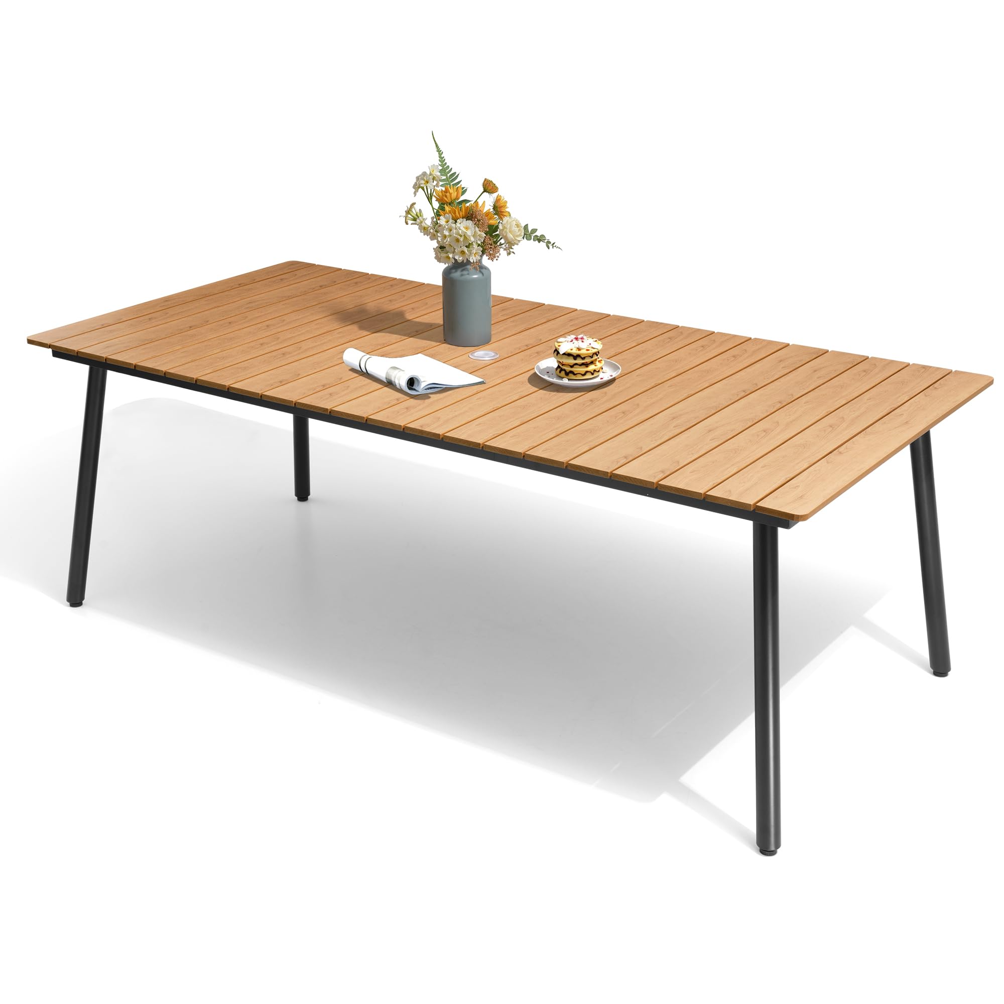 83" Patio Outdoor Dining Table for 6-8, Weather-Resistant Wood-Grain Top with Aluminum Frame & Umbrella Hole for Deck Gatherings, Brown