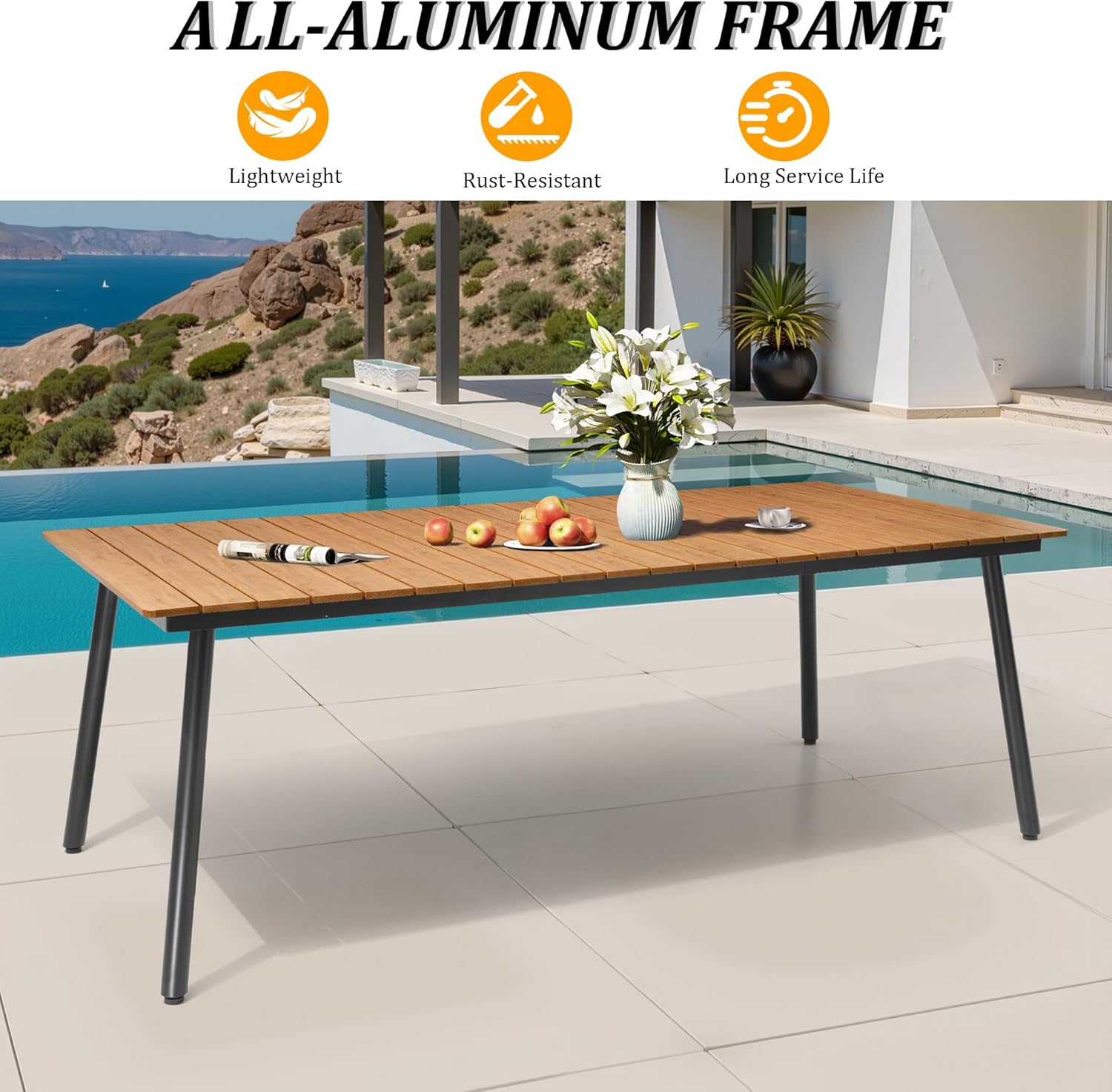 83" Patio Outdoor Dining Table for 6-8, Weather-Resistant Wood-Grain Top with Aluminum Frame & Umbrella Hole for Deck Gatherings, Brown