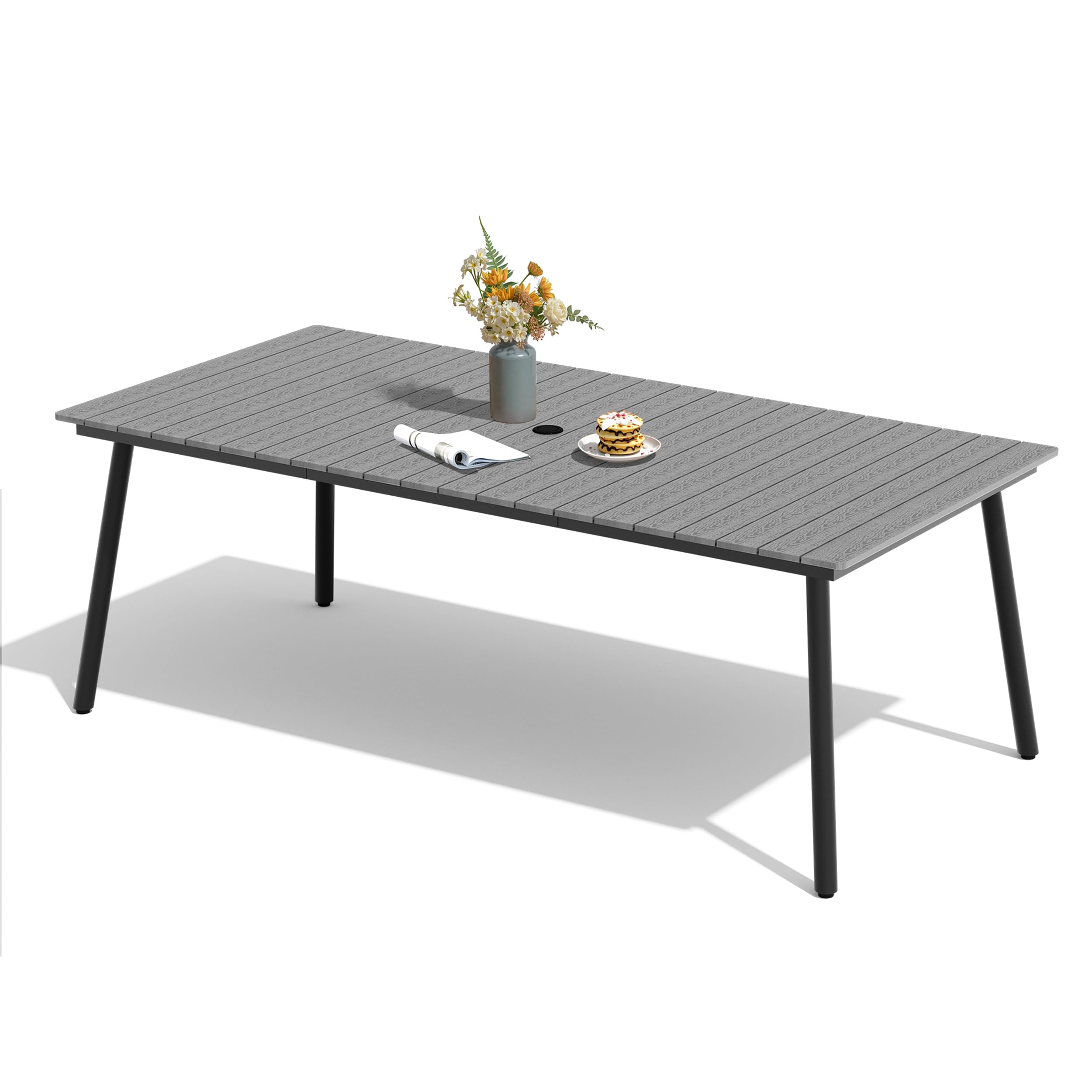 83" Patio Outdoor Dining Table for 6-8, Weather-Resistant Wood-Grain Top with Aluminum Frame & Umbrella Hole for Deck Gatherings, Brown