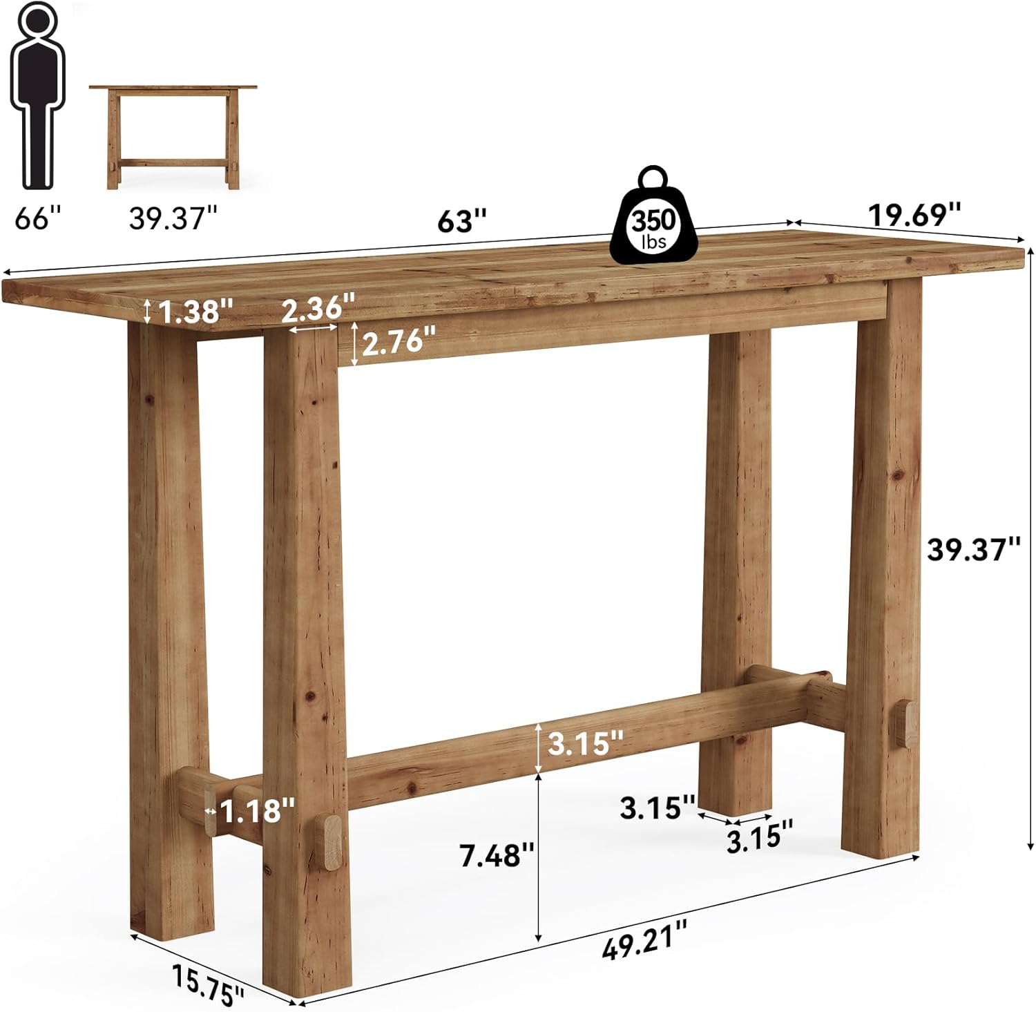 Solid Wood Dining Table, 63" Long Bar Height Commercial Pub Table with Footrest, High Top Furniture for Kitchen, Café or Restaurant, Patio, Bakery (Only Table)