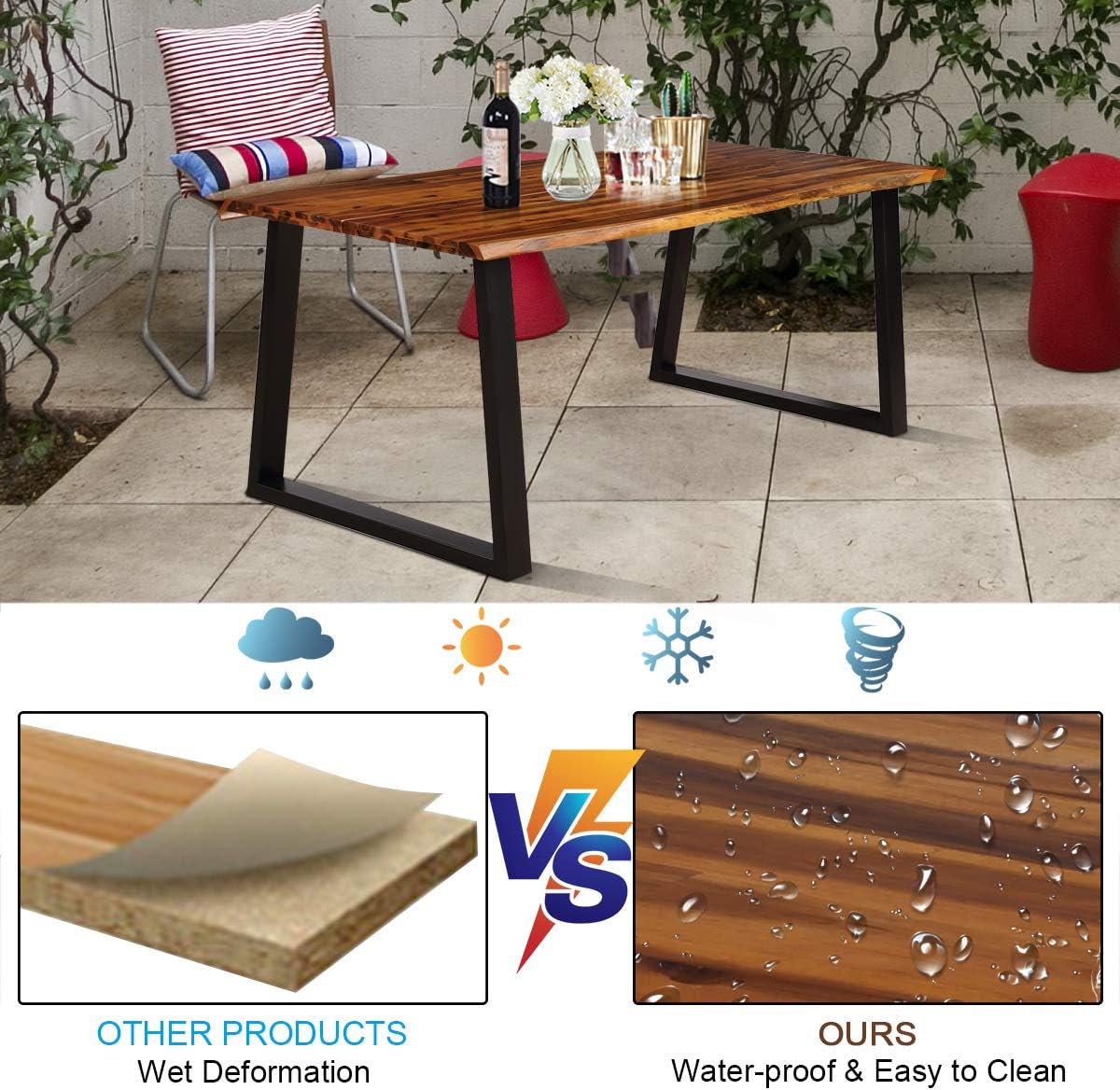 Giantex Rectangular Acacia Wood Dining Table Rustic Indoor & Outdoor Furniture (Rustic Brown&Black)