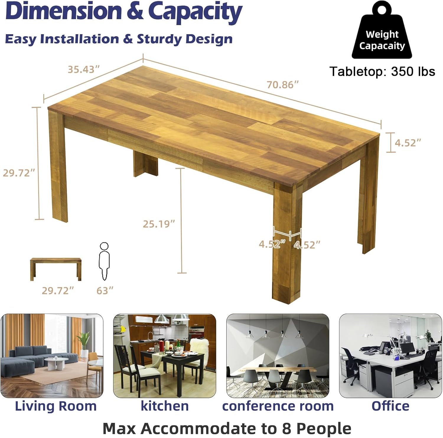 STHOUYN 71" 6ft Kitchen Dining Room Table for 6 8, Large Farmhouse Dinner Table, Wood Rectangular Long Tables for Big Family, Waterproof & Scratch Resistant (Brown)