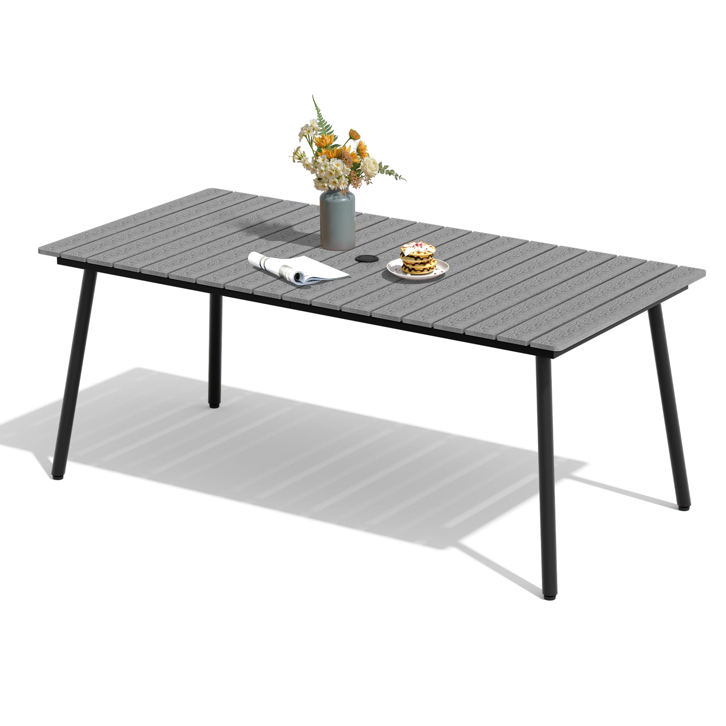 83" Patio Outdoor Dining Table for 6-8, Weather-Resistant Wood-Grain Top with Aluminum Frame & Umbrella Hole for Deck Gatherings, Brown