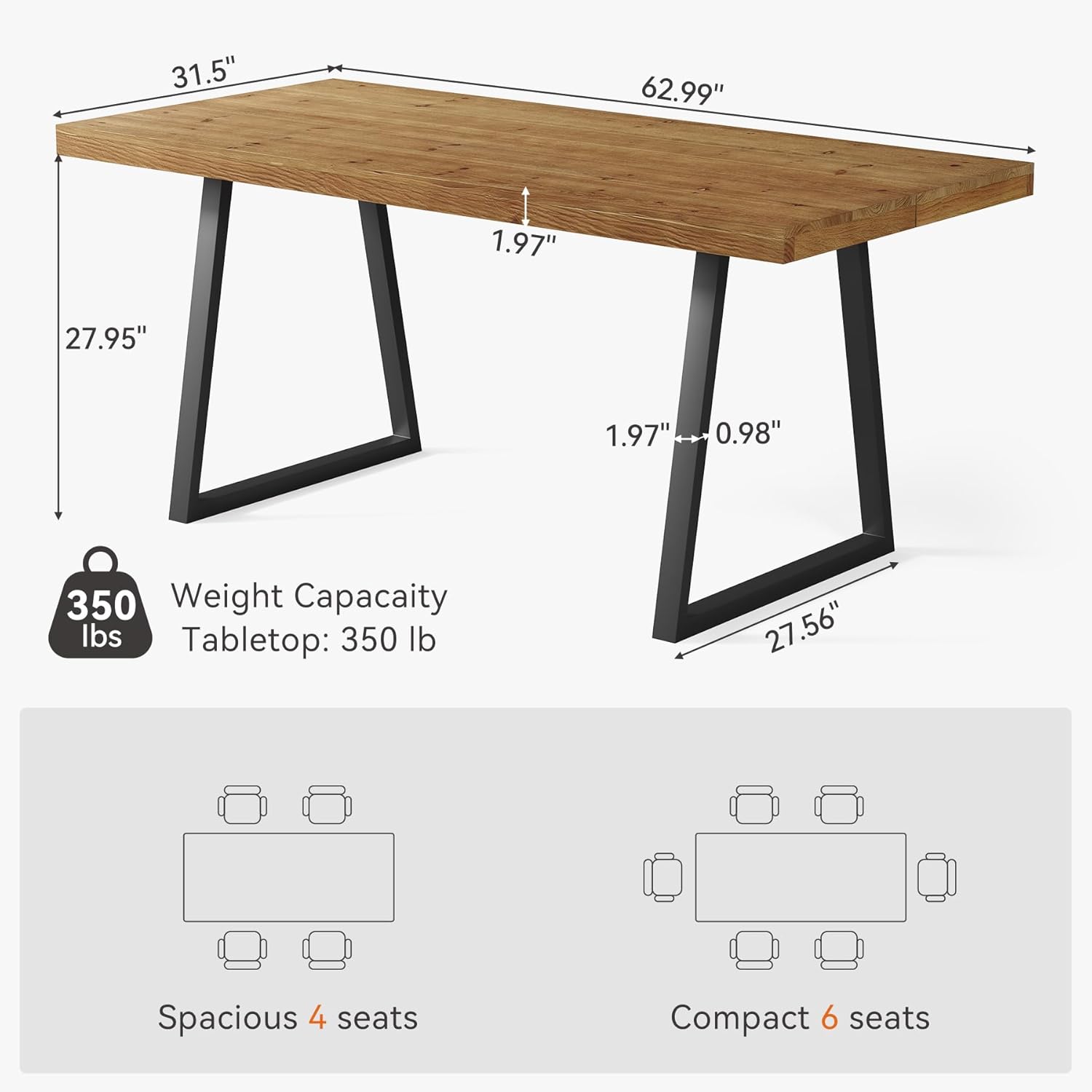 63" Industrial Dining Table for 4-6 People, Solid Wood Rectangular Kitchen Table with Heavy-Duty Metal Legs for Home, Dining Room, Small Space, Rustic Brown