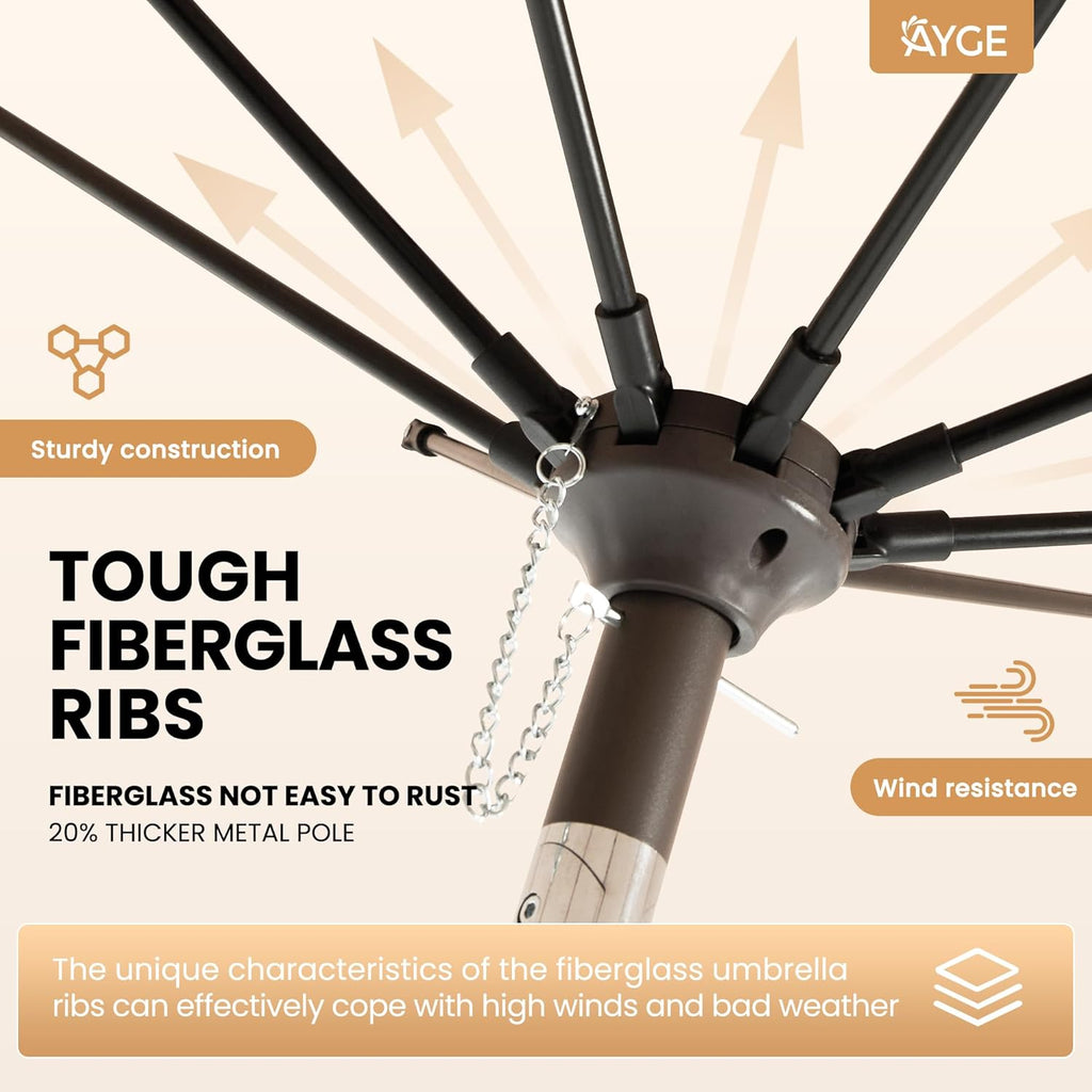 Ayge 9FT Large Outdoor Patio Umbrella Market Table Umbrella-UV Resistant, Easy Push Button Tilt and Crank, 8 Sturdy Fiberglass Ribs Heavy-Duty Pool Umbrella for Deck, Backyard,Garden,Beige