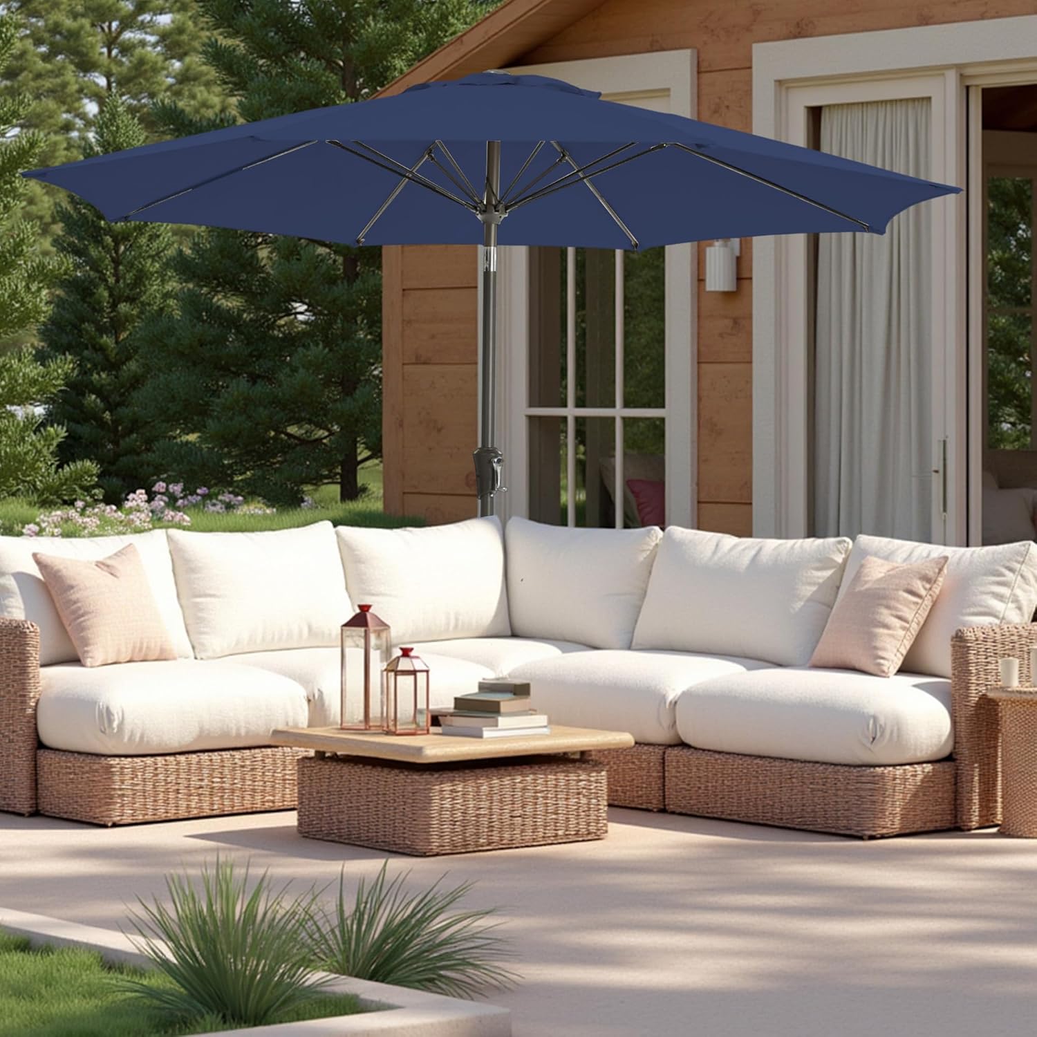 9FT Large Outdoor Patio Umbrella Pool Market Umbrella-UV Resistant, Easy Push Button Tilt and Crank, 8 Sturdy Ribs Heavy-Duty Table Umbrella for Deck, Backyard,Garden (Navy)