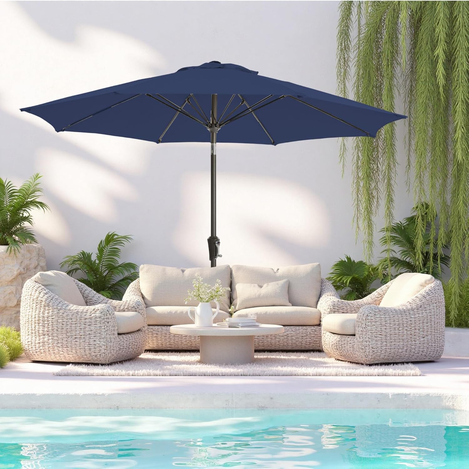 9FT Large Outdoor Patio Umbrella Pool Market Umbrella-UV Resistant, Easy Push Button Tilt and Crank, 8 Sturdy Ribs Heavy-Duty Table Umbrella for Deck, Backyard,Garden (Navy)