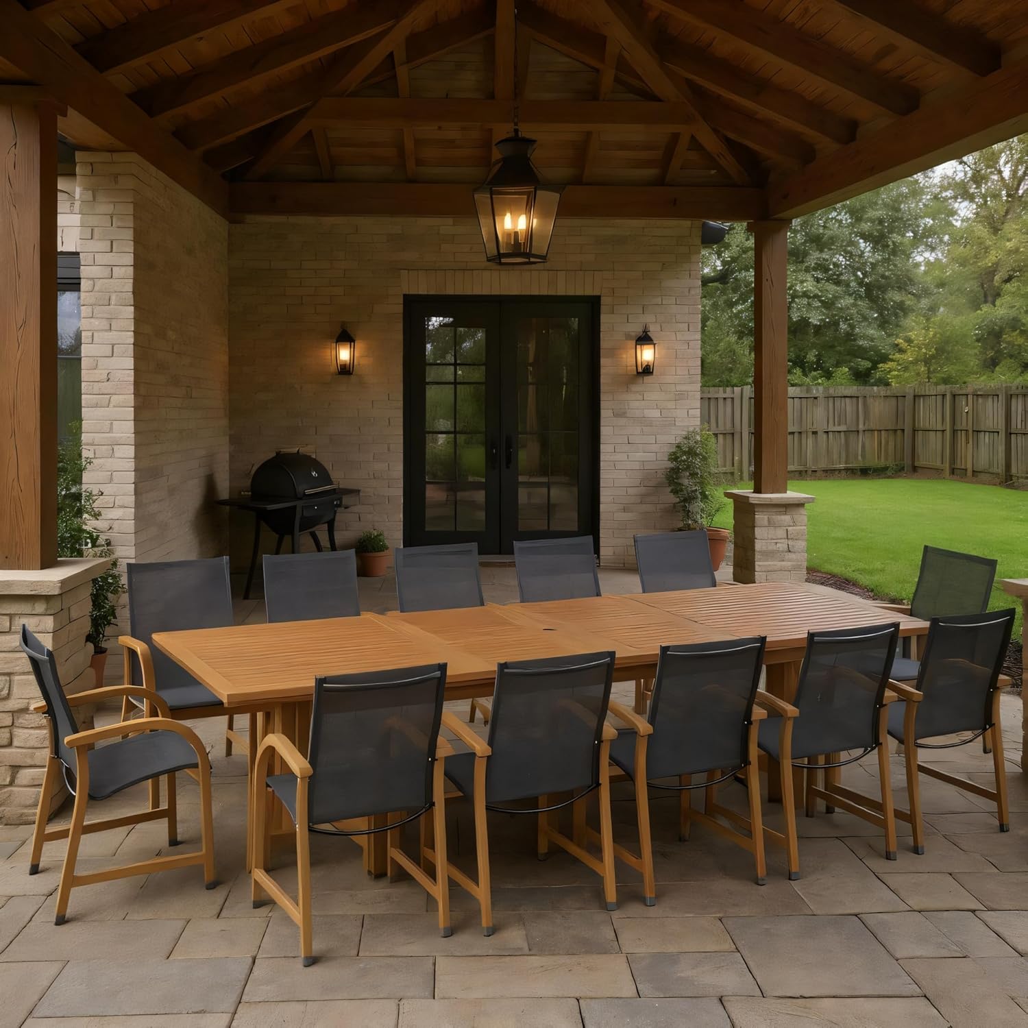 Amazonia Franklin 9-Piece Rectangular Extendable Patio Dining Set Teak Finish and Weather-Net Technology Ideal for Outdoors and Indoors