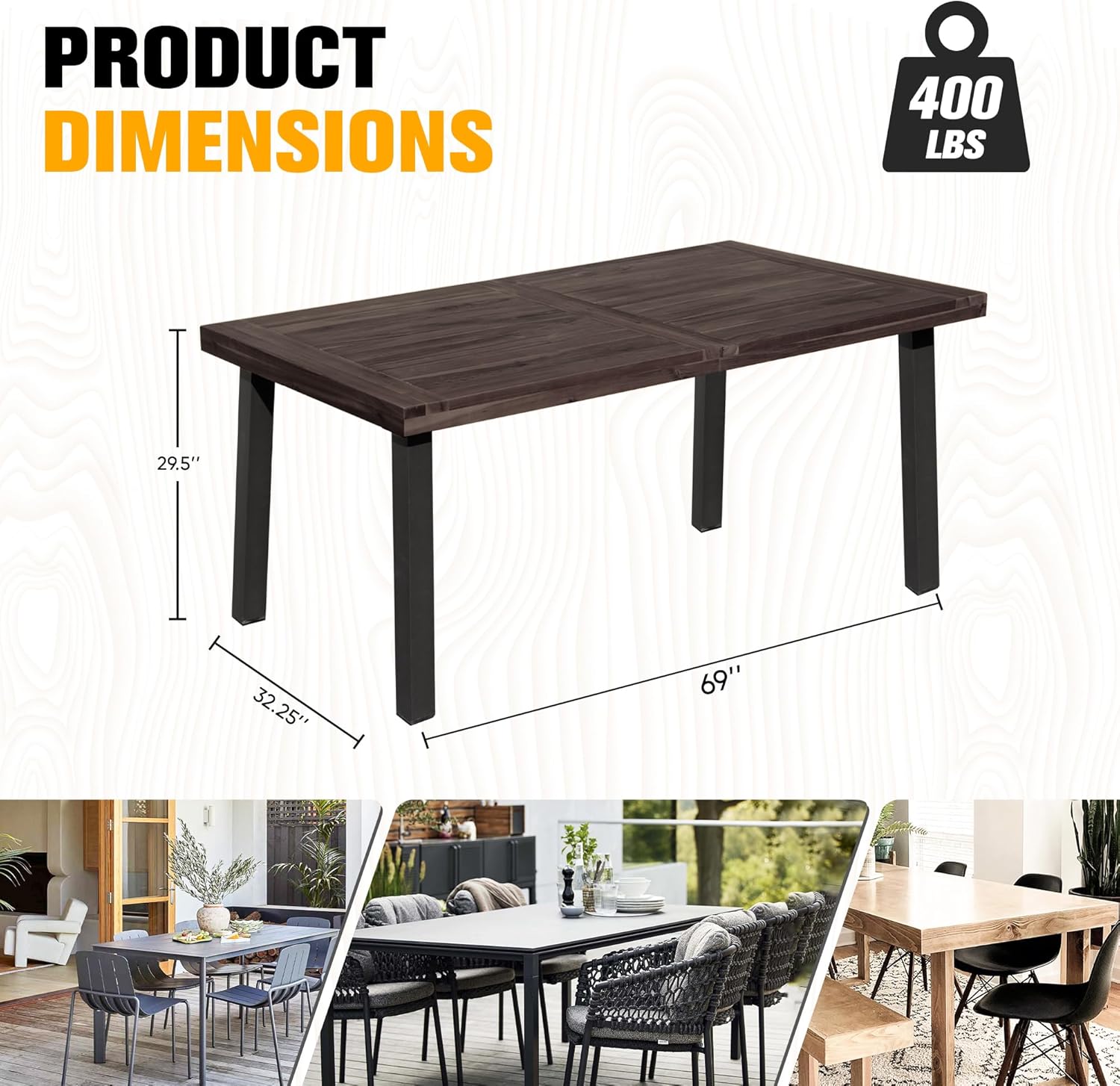 Flamaker Dining Table for 6 FSC Acacia Wood Indoor Outdoor Home Kitchen Table with Iron Legs Large Rectangular Patio Table for Deck, Sunroom (Espresso)