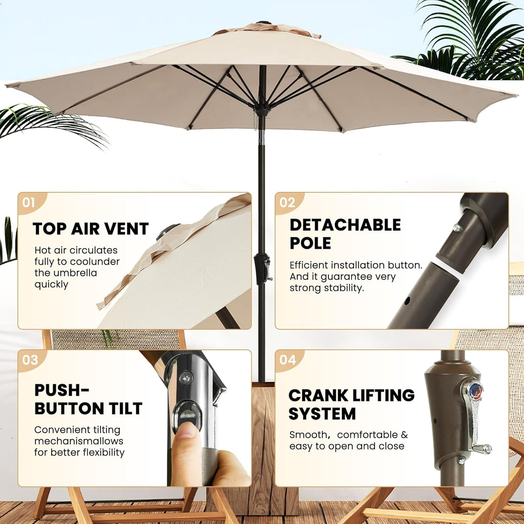 Ayge 9FT Large Outdoor Patio Umbrella Market Table Umbrella-UV Resistant, Easy Push Button Tilt and Crank, 8 Sturdy Fiberglass Ribs Heavy-Duty Pool Umbrella for Deck, Backyard,Garden,Beige