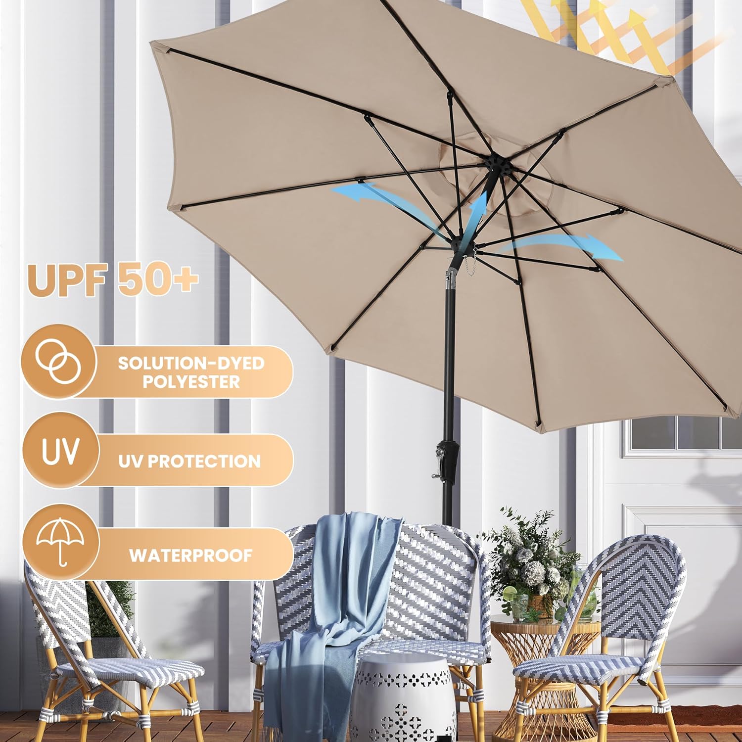 Ayge 9FT Large Outdoor Patio Umbrella Market Table Umbrella-UV Resistant, Easy Push Button Tilt and Crank, 8 Sturdy Fiberglass Ribs Heavy-Duty Pool Umbrella for Deck, Backyard,Garden,Beige