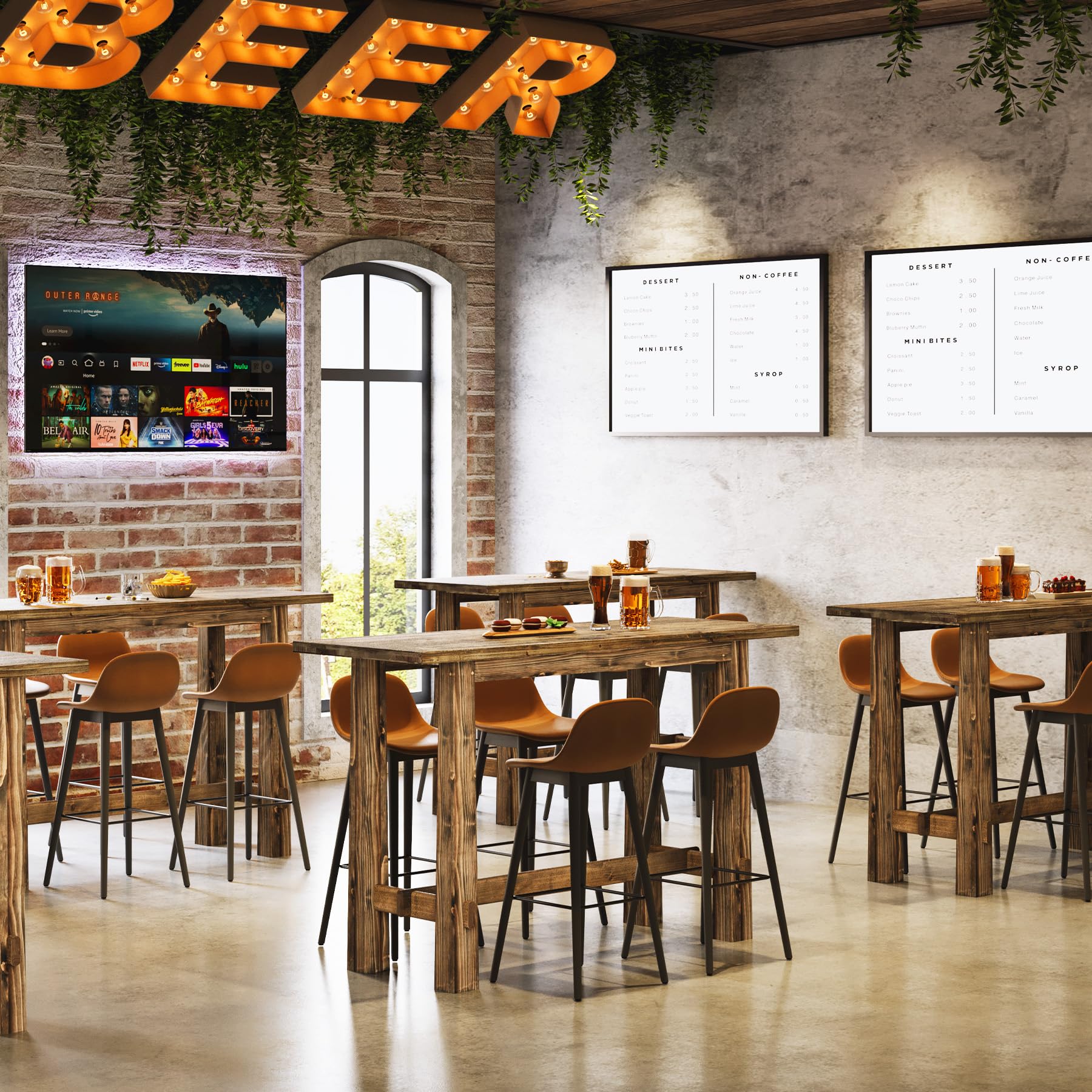 Solid Wood Dining Table, 63" Long Bar Height Commercial Pub Table with Footrest, High Top Furniture for Kitchen, Café or Restaurant, Patio, Bakery (Only Table)