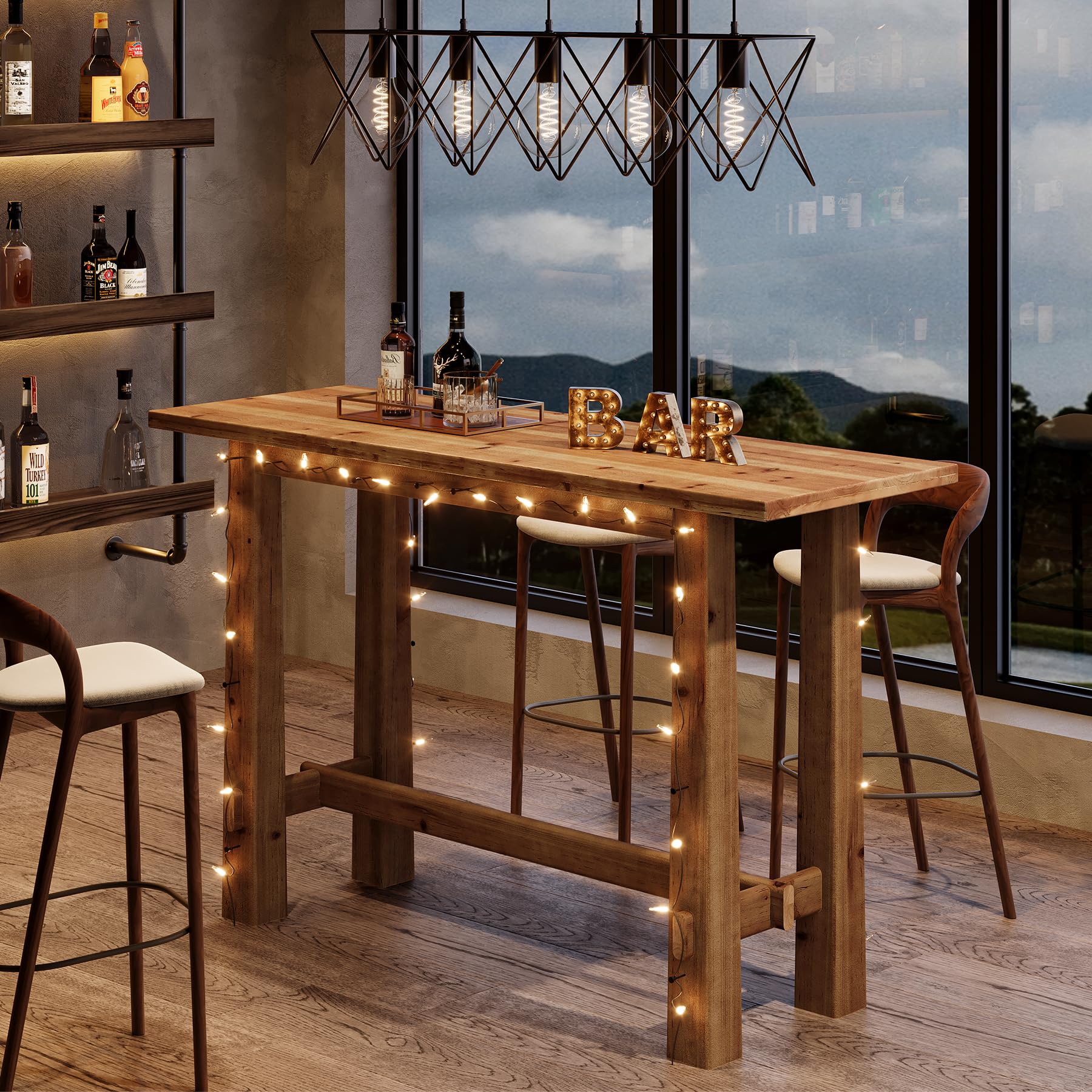 Solid Wood Dining Table, 63" Long Bar Height Commercial Pub Table with Footrest, High Top Furniture for Kitchen, Café or Restaurant, Patio, Bakery (Only Table)