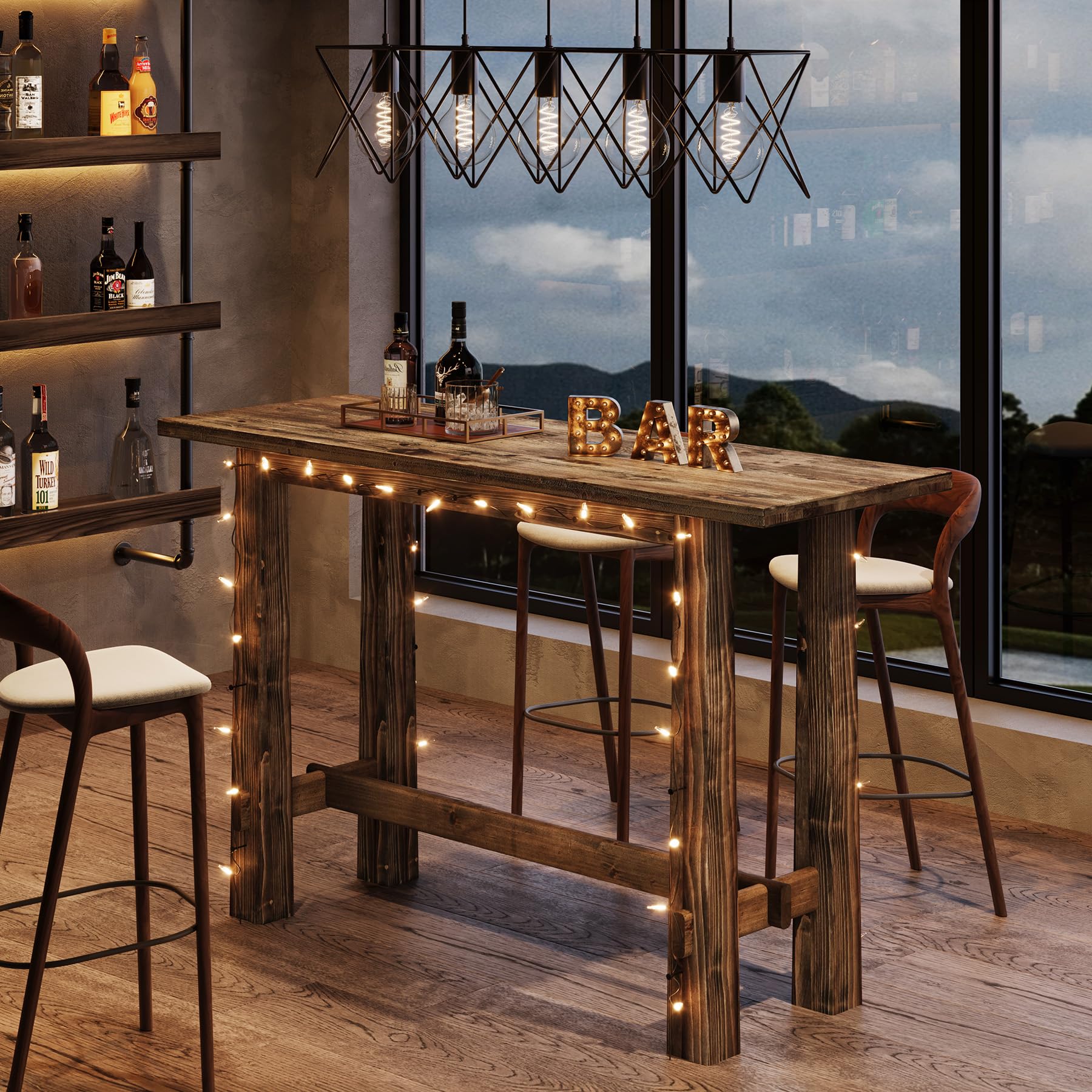 Solid Wood Dining Table, 63" Long Bar Height Commercial Pub Table with Footrest, High Top Furniture for Kitchen, Café or Restaurant, Patio, Bakery (Only Table)