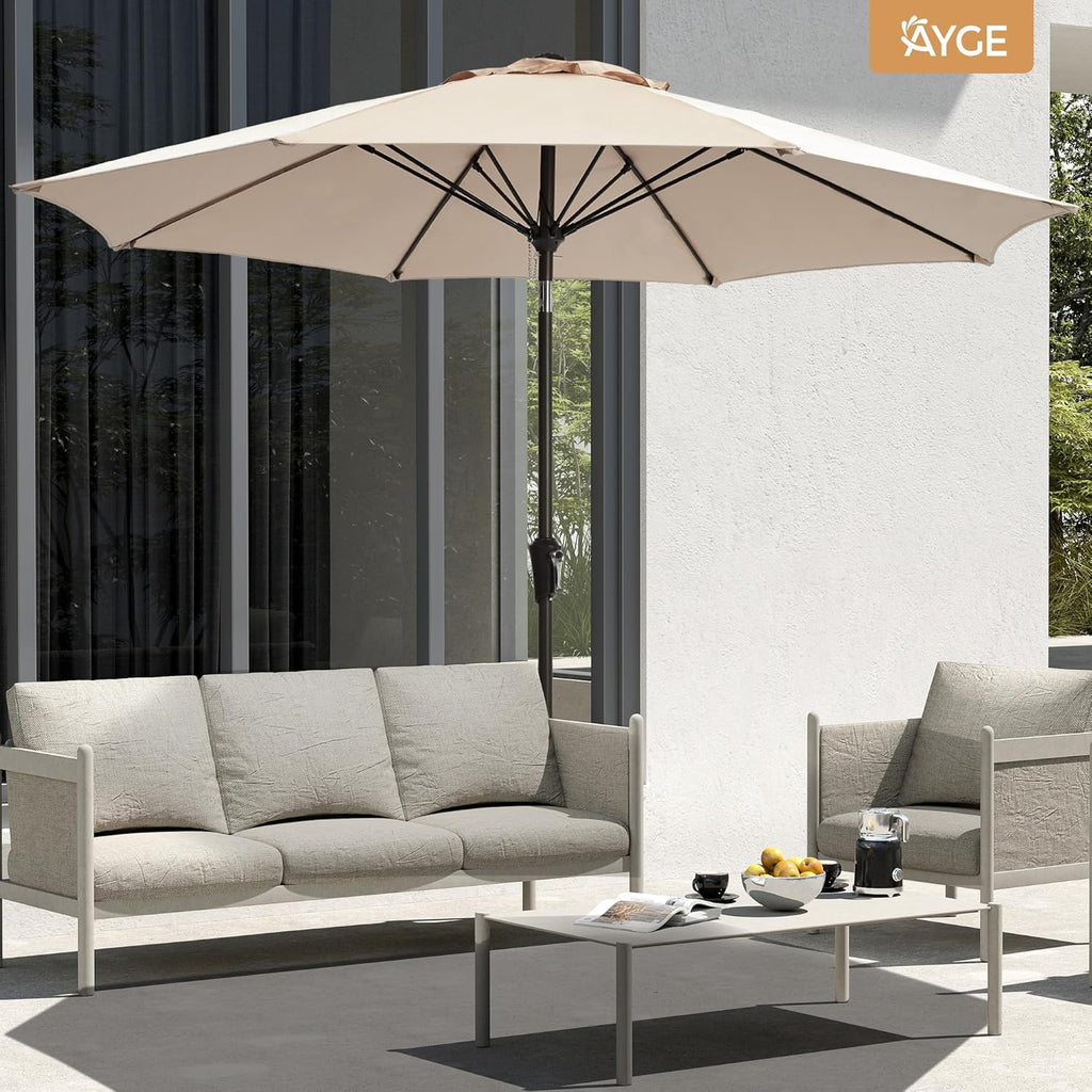 Ayge 9FT Large Outdoor Patio Umbrella Market Table Umbrella-UV Resistant, Easy Push Button Tilt and Crank, 8 Sturdy Fiberglass Ribs Heavy-Duty Pool Umbrella for Deck, Backyard,Garden,Beige