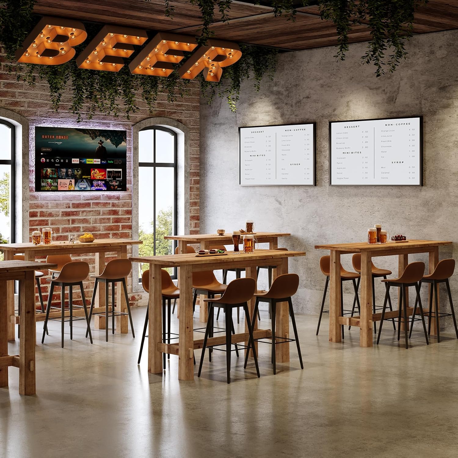 Solid Wood Dining Table, 63" Long Bar Height Commercial Pub Table with Footrest, High Top Furniture for Kitchen, Café or Restaurant, Patio, Bakery (Only Table)