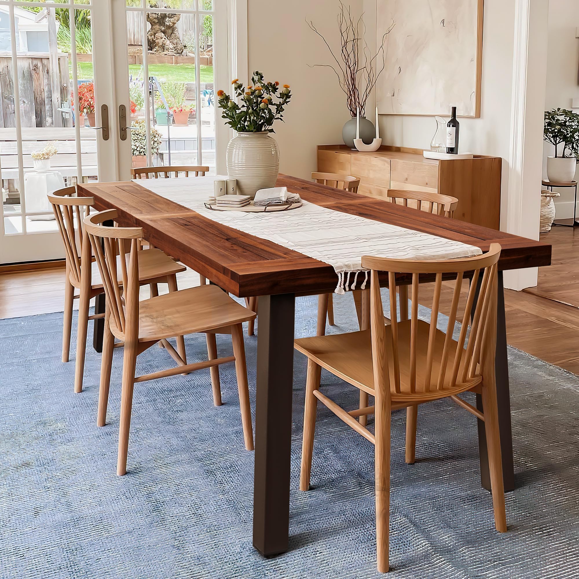 Devoko Home Acacia Wood Dining Table 6-Person Indoor Outdoor Table with Iron Legs, Sandblast Finish, Natural Stained, Rustic Metal, 69 * 33 * 30 inch (Natural)