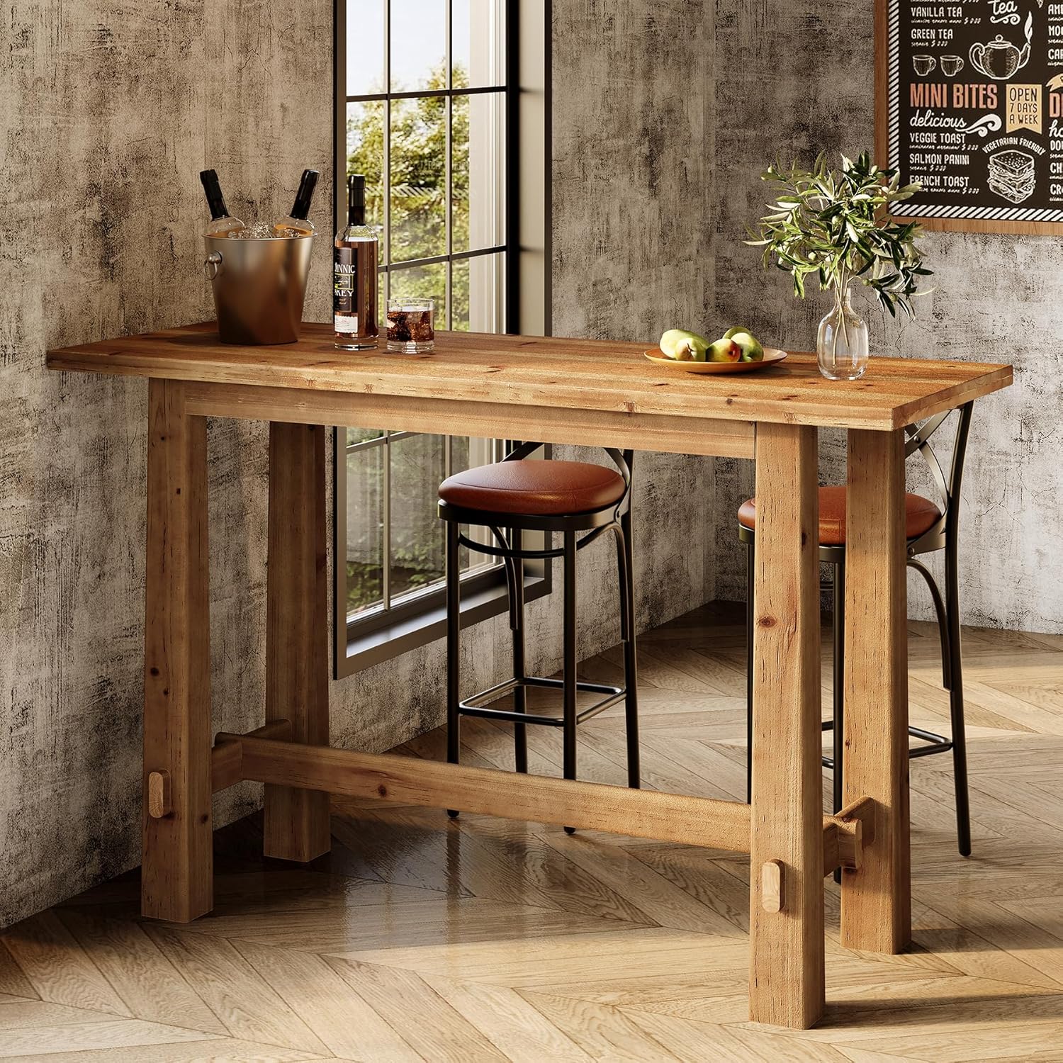 Solid Wood Dining Table, 63" Long Bar Height Commercial Pub Table with Footrest, High Top Furniture for Kitchen, Café or Restaurant, Patio, Bakery (Only Table)