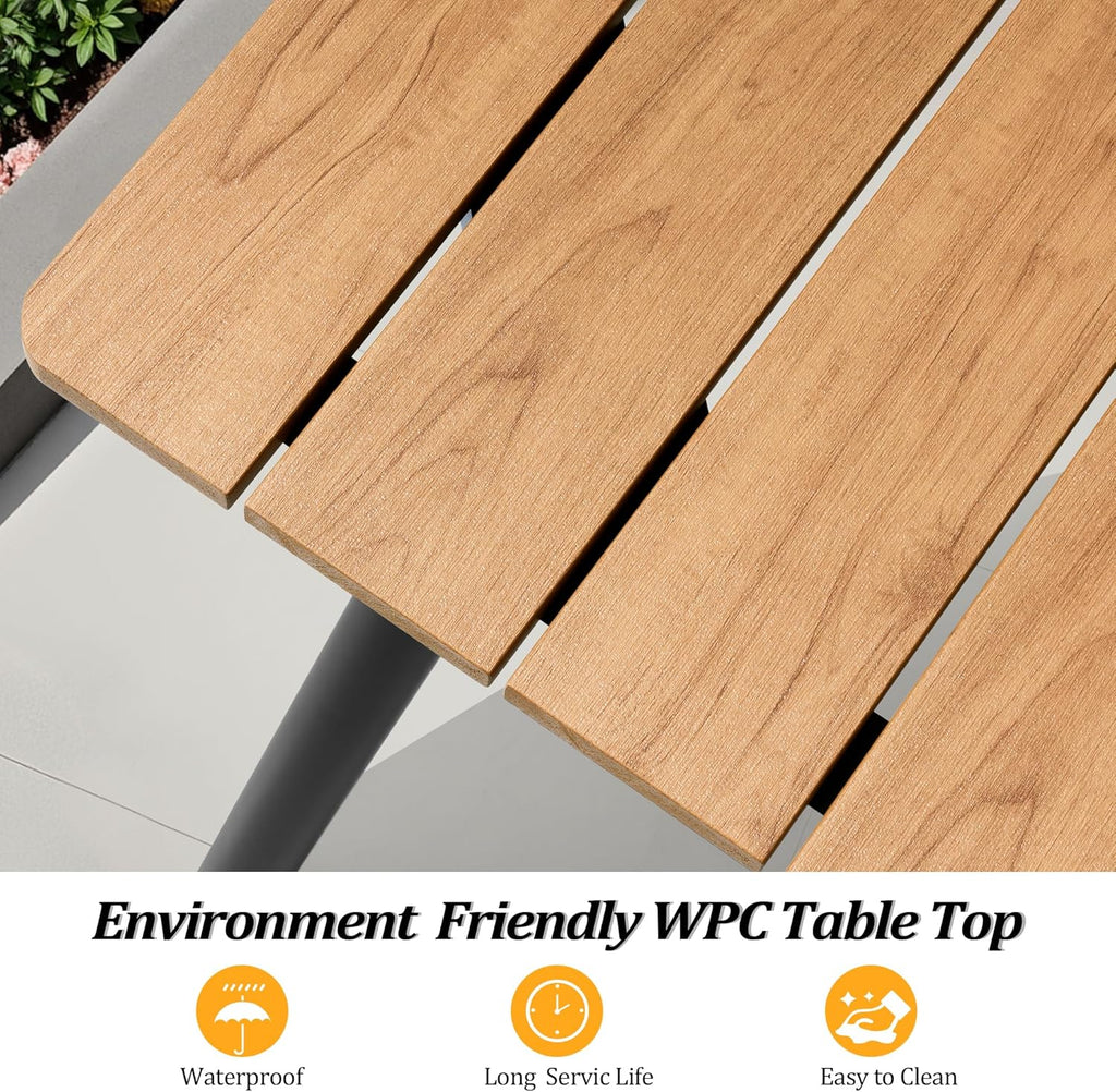 83" Patio Outdoor Dining Table for 6-8, Weather-Resistant Wood-Grain Top with Aluminum Frame & Umbrella Hole for Deck Gatherings, Brown