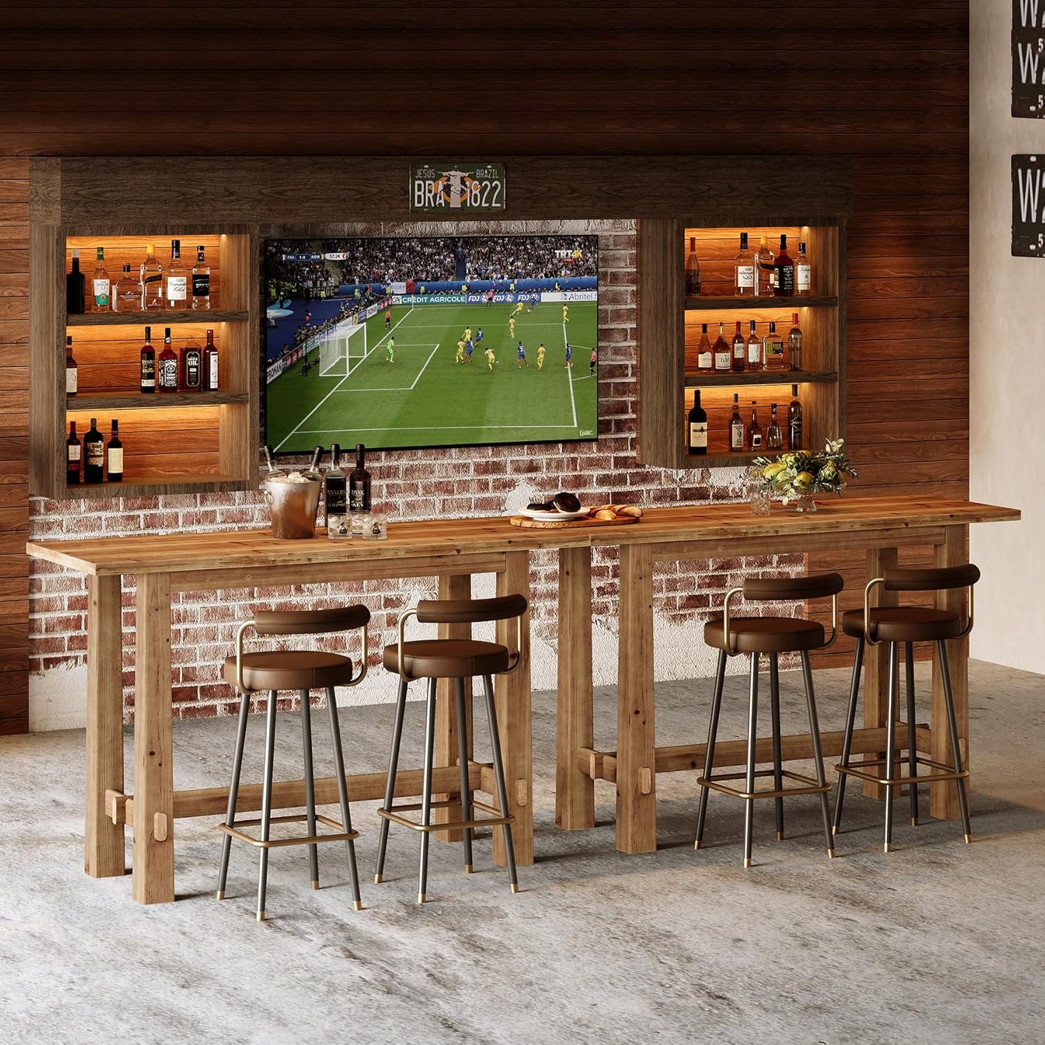 Solid Wood Dining Table, 63" Long Bar Height Commercial Pub Table with Footrest, High Top Furniture for Kitchen, Café or Restaurant, Patio, Bakery (Only Table)