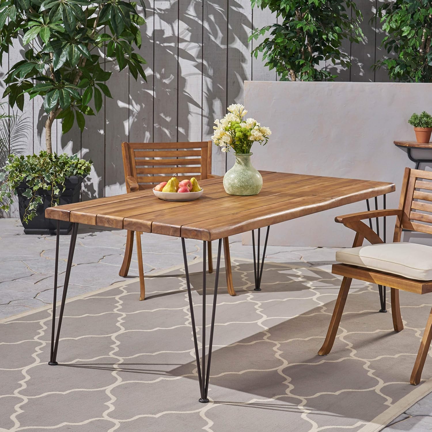 Christopher Knight Home Kama Patio Dining, Rectangular, 72", Acacia Wood Table Top, Rustic Iron Hairpin Legs, Teak Finish, Metal