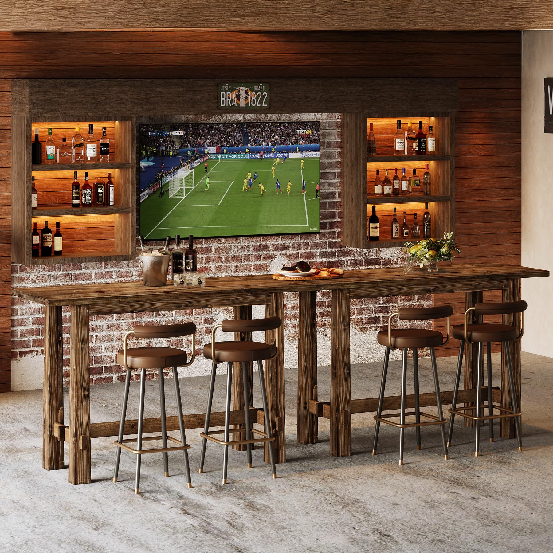 Solid Wood Dining Table, 63" Long Bar Height Commercial Pub Table with Footrest, High Top Furniture for Kitchen, Café or Restaurant, Patio, Bakery (Only Table)