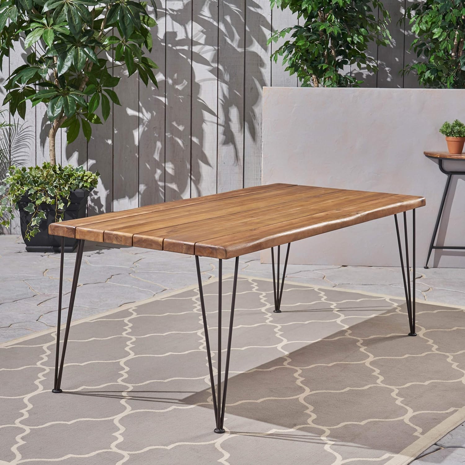 Christopher Knight Home Kama Patio Dining, Rectangular, 72", Acacia Wood Table Top, Rustic Iron Hairpin Legs, Teak Finish, Metal