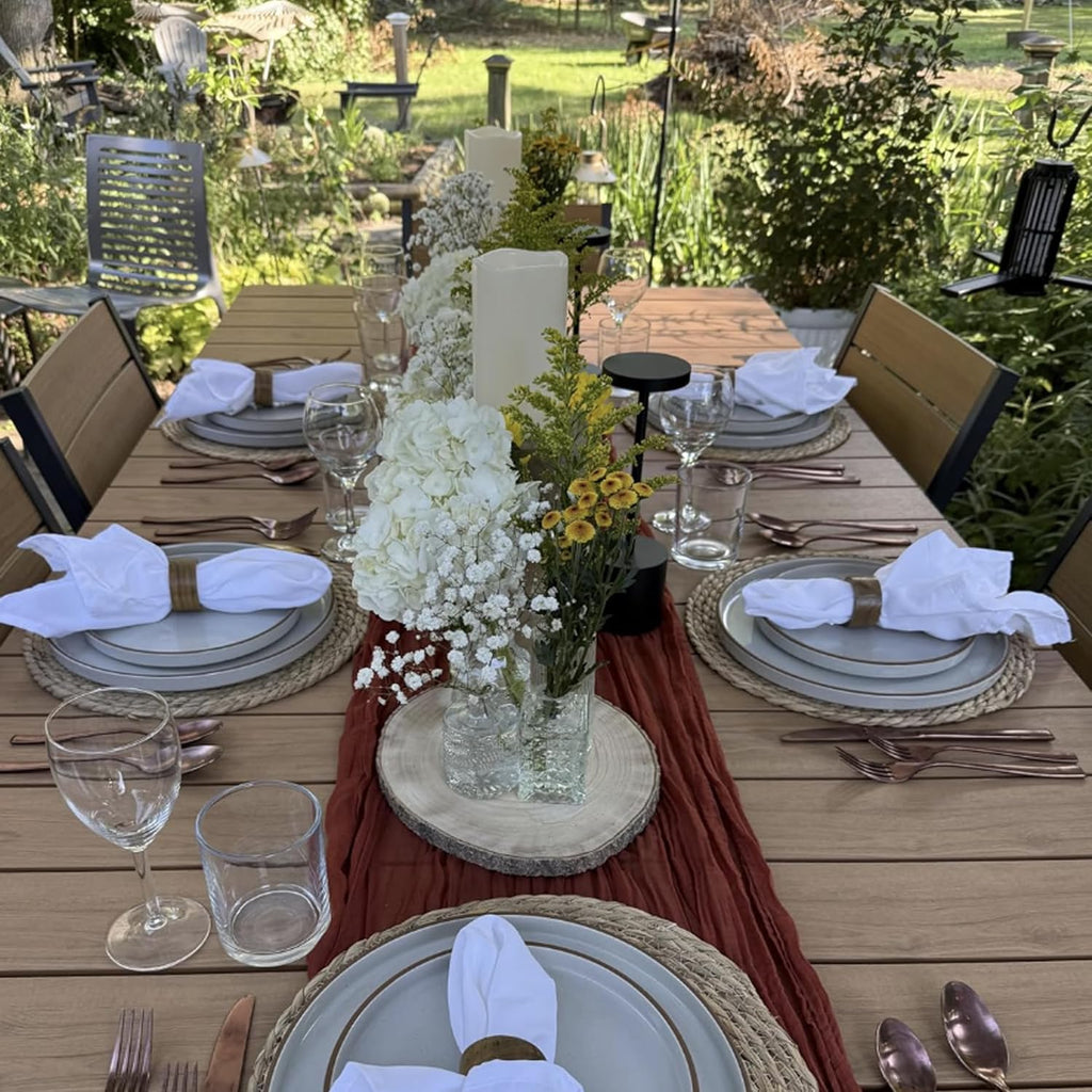 83" Patio Outdoor Dining Table for 6-8, Weather-Resistant Wood-Grain Top with Aluminum Frame & Umbrella Hole for Deck Gatherings, Brown