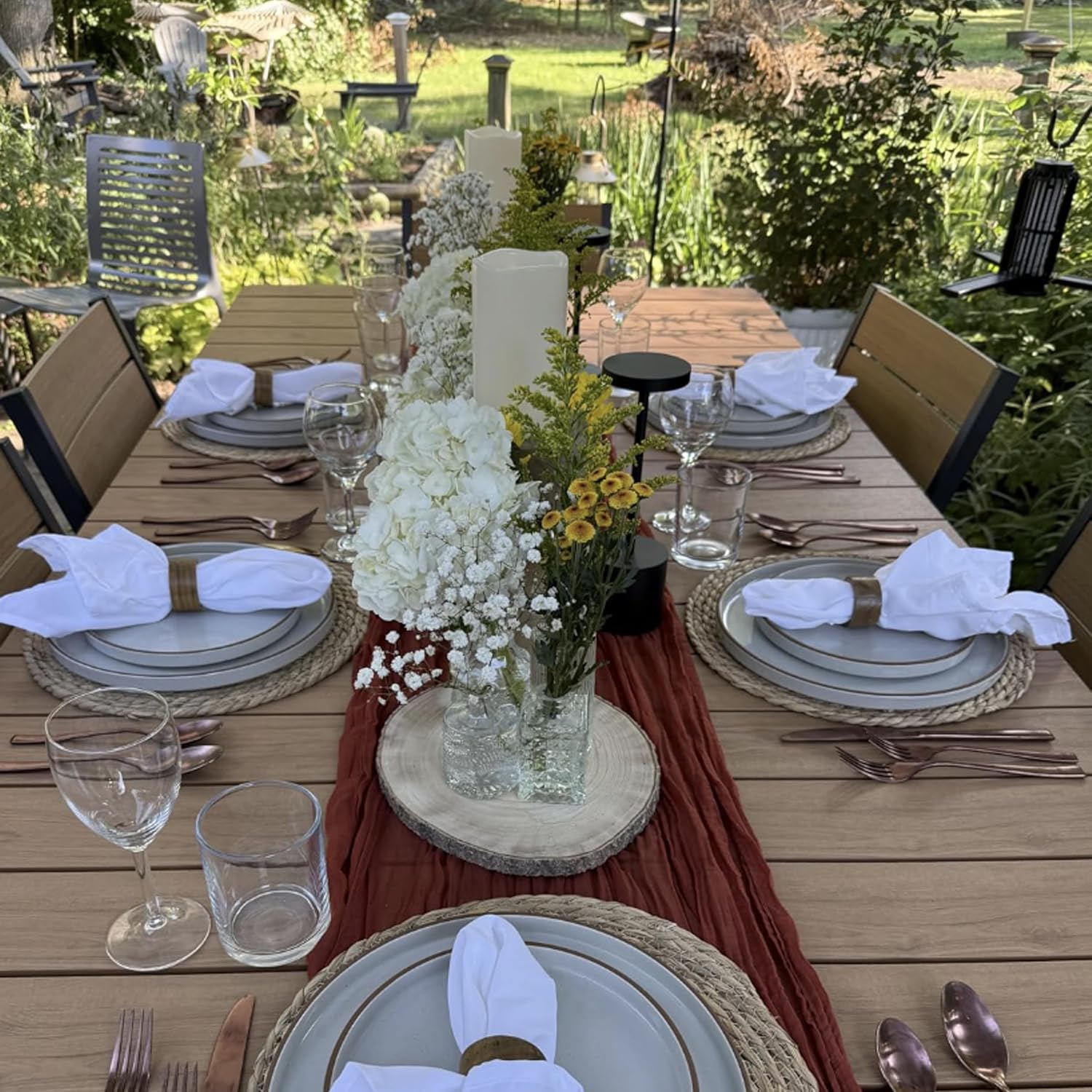 83" Patio Outdoor Dining Table for 6-8, Weather-Resistant Wood-Grain Top with Aluminum Frame & Umbrella Hole for Deck Gatherings, Brown